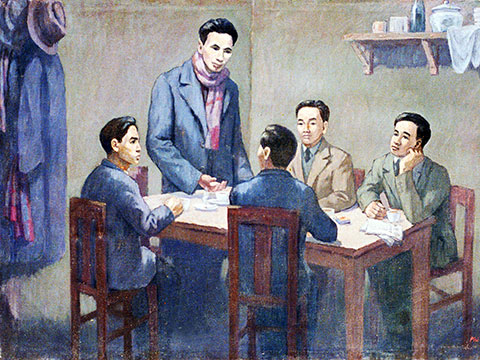 180319Hội nghị thành lập Đảng Cộng sản Việt Nam ngày 3-2-1930. Ảnh chụp lại tranh của họa sĩ Phi Hoanh tại Bảo tàng Lịch sử Quốc gia